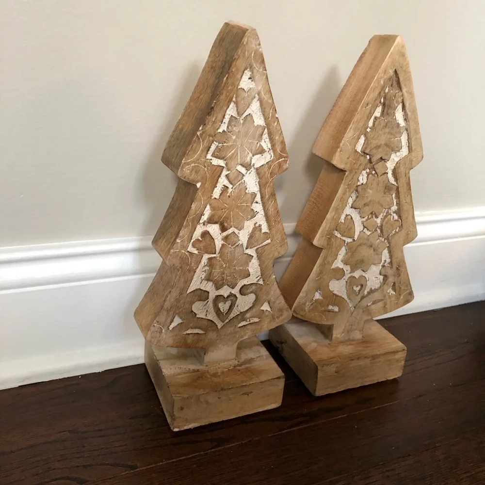 Rustic Farmhouse Hand-Carved 12” Wooden Christmas Trees w/Distressed Finish x2